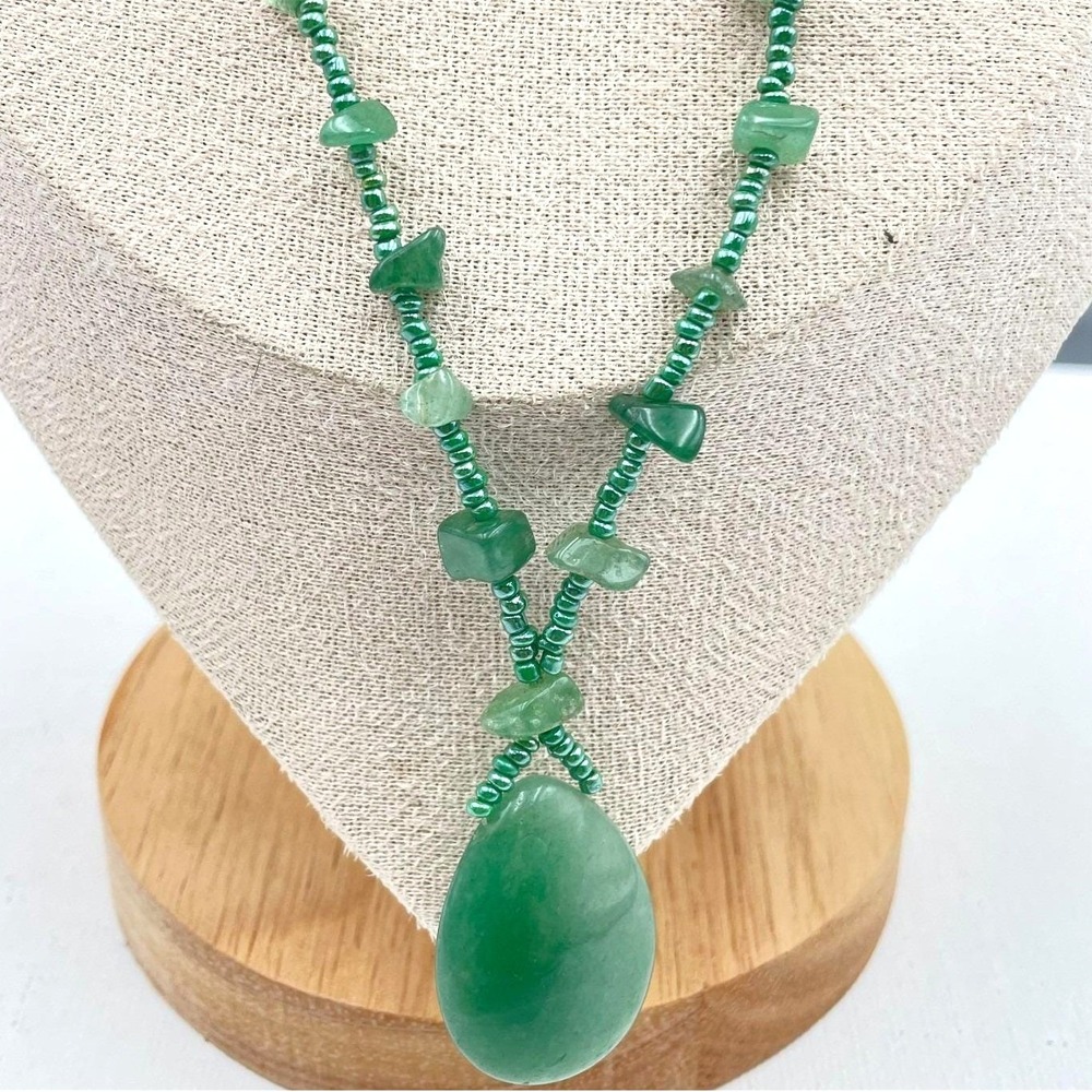 Vintage 90s Green Aventurine Glass Bead Pendant Necklace Boho‎ Fashion Jewelry